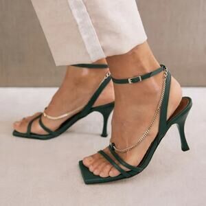 Alohas Straps Chain Sandals Heels, Strappy Dark Green 38, 7.5